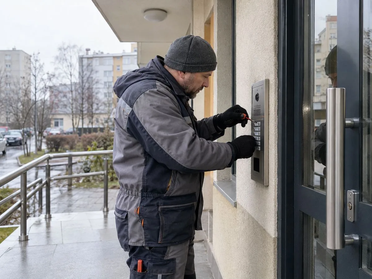 Technik pracuje przy panelu domofonu przy wejściu do budynku