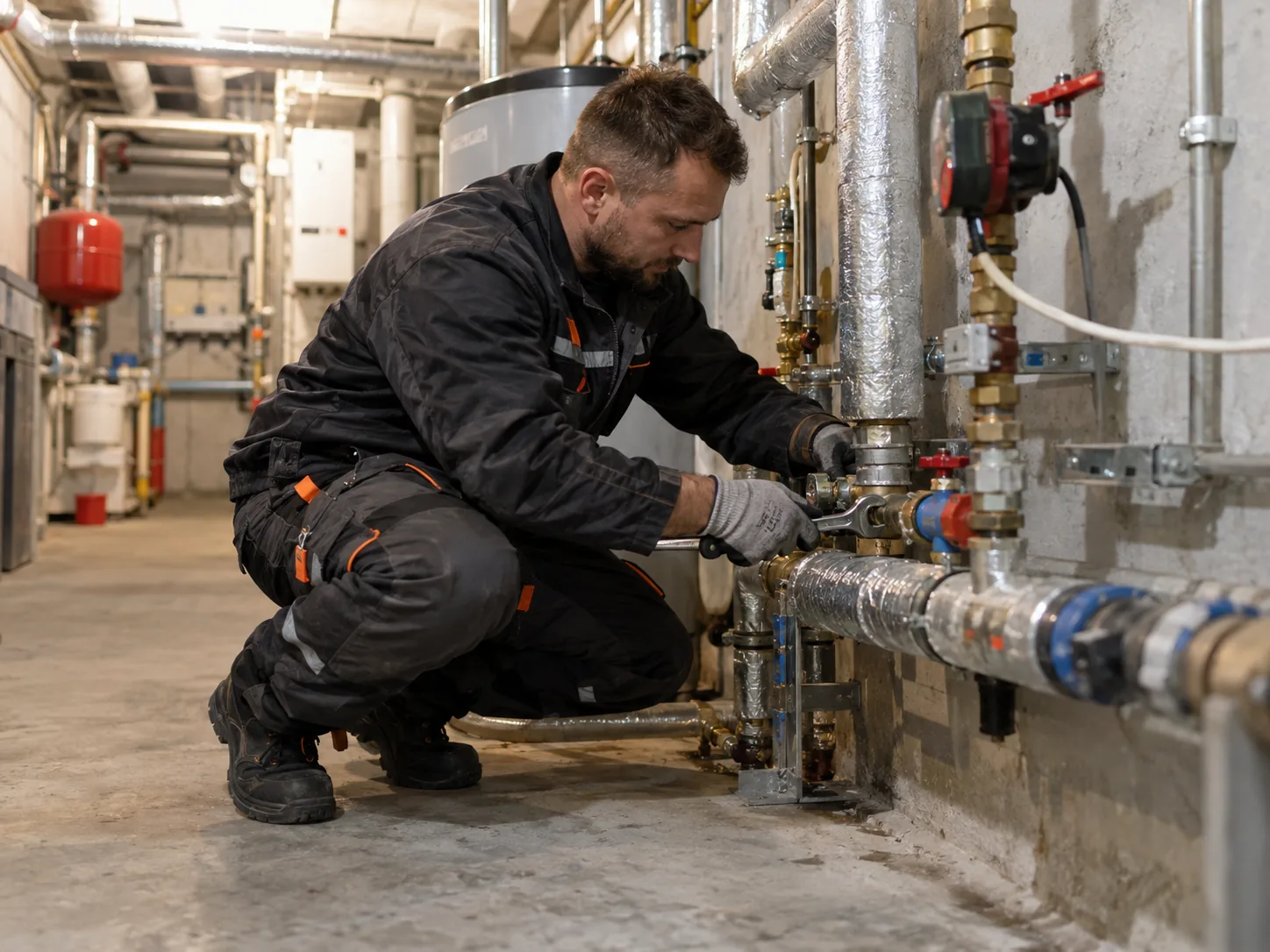 Technik sprawdza rury instalacji w piwnicy budynku