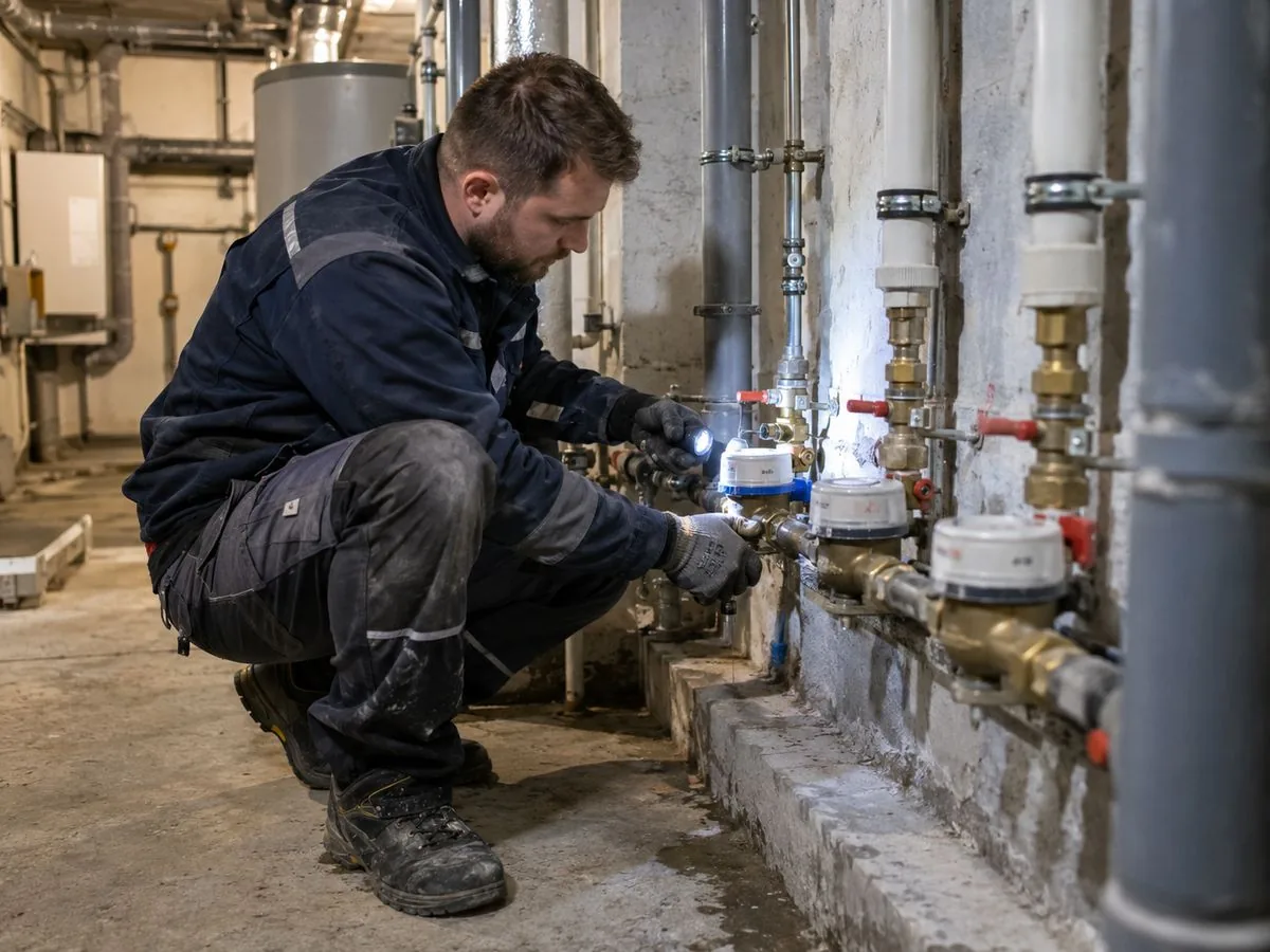 Technik sprawdza zawory i liczniki wody w pomieszczeniu technicznym
