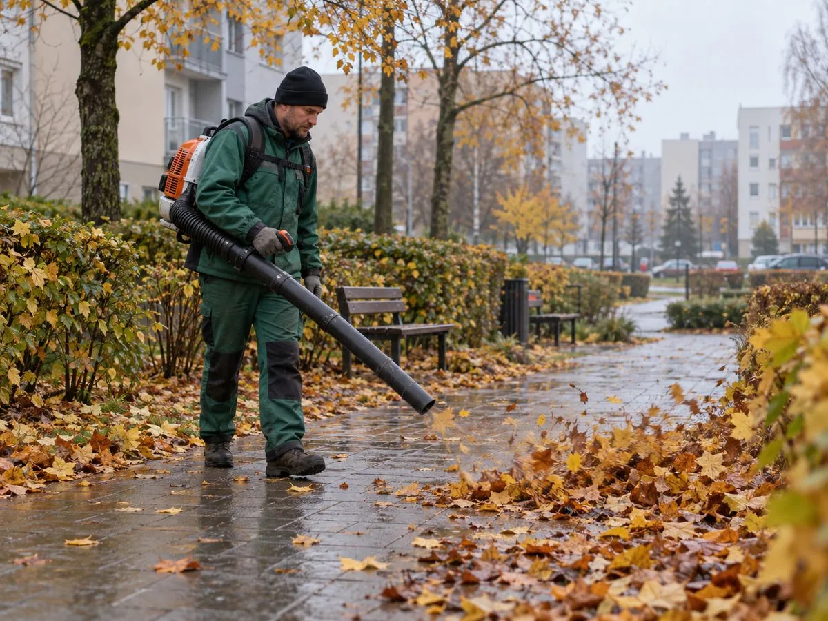 Pracownik dmuchawą zbiera mokre liście z alejki osiedlowej