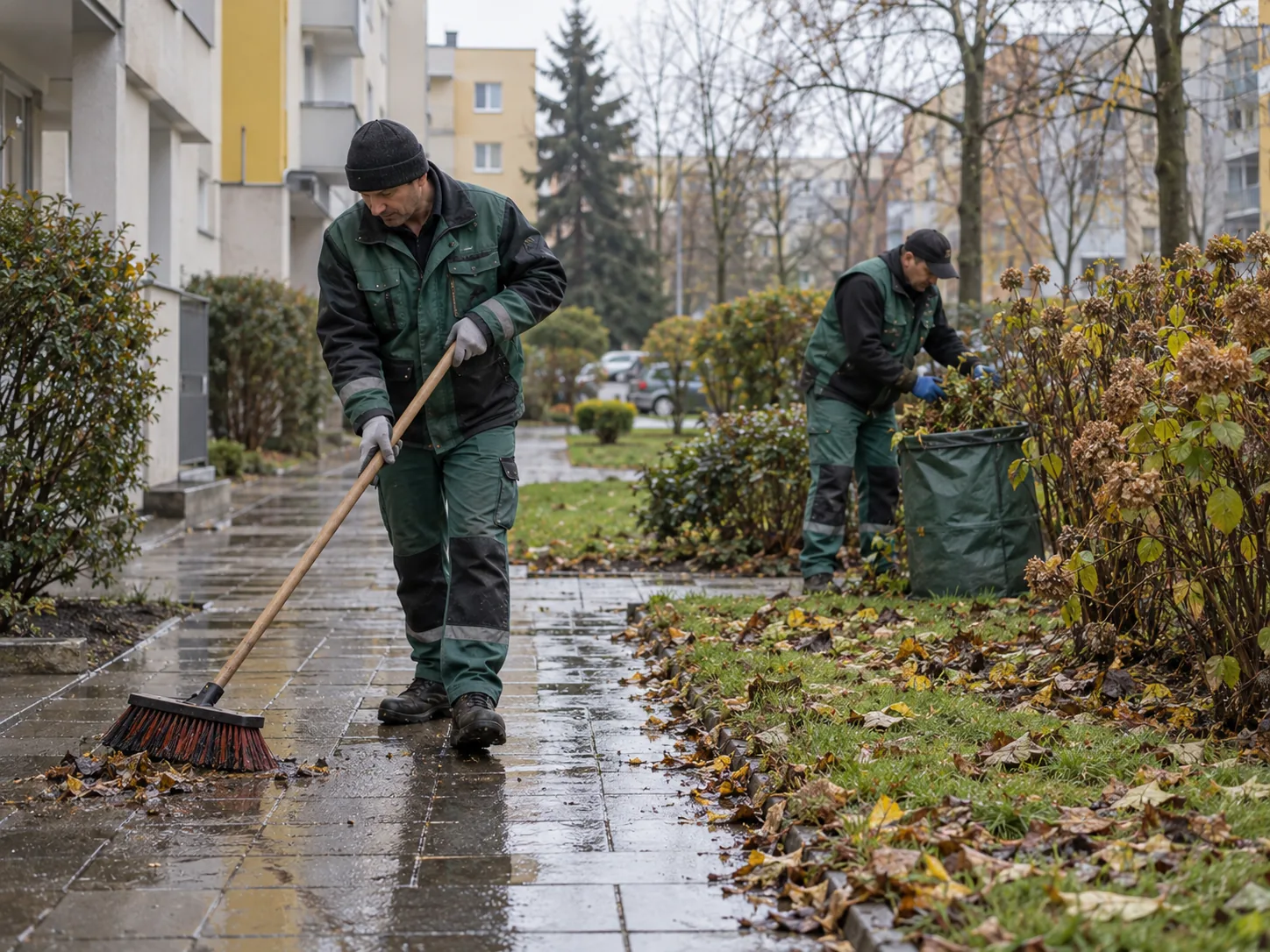 Dwóch pracowników sprząta liście z chodnika i rabaty przy bloku