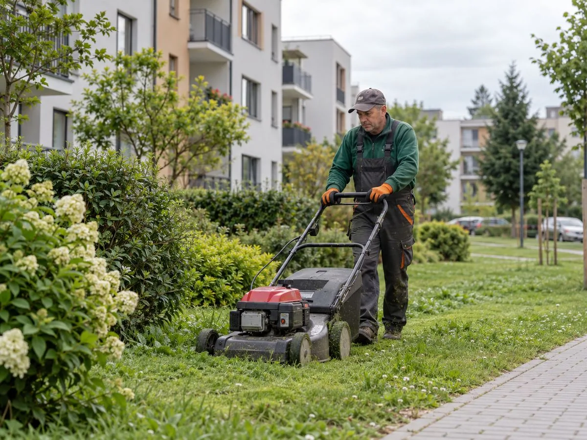 Pracownik kosi trawnik kosiarką spalinową między blokami a chodnikiem