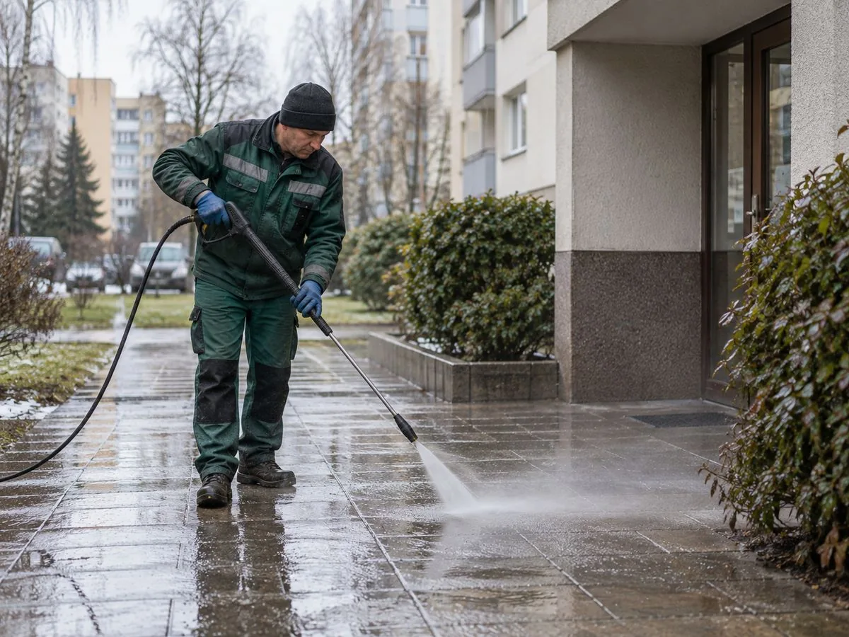 Pracownik myje myjką ciśnieniową chodnik przed wejściem do bloku