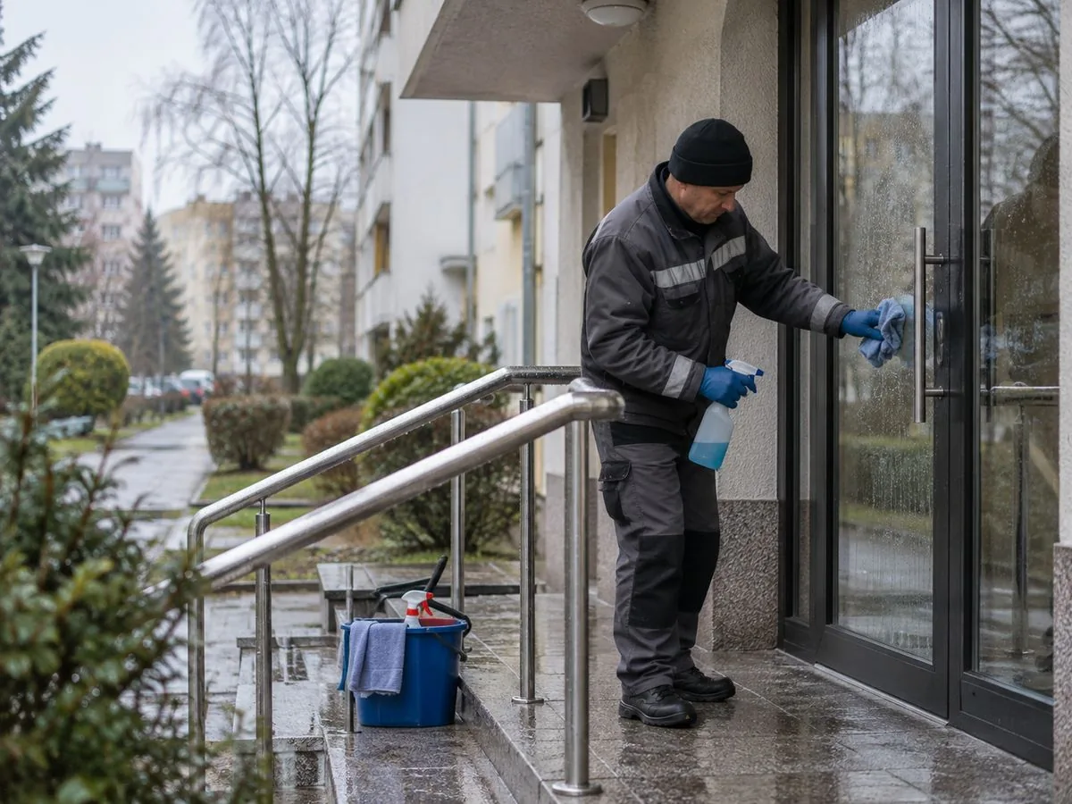 Pracownik myje szybę w drzwiach wejściowych do bloku