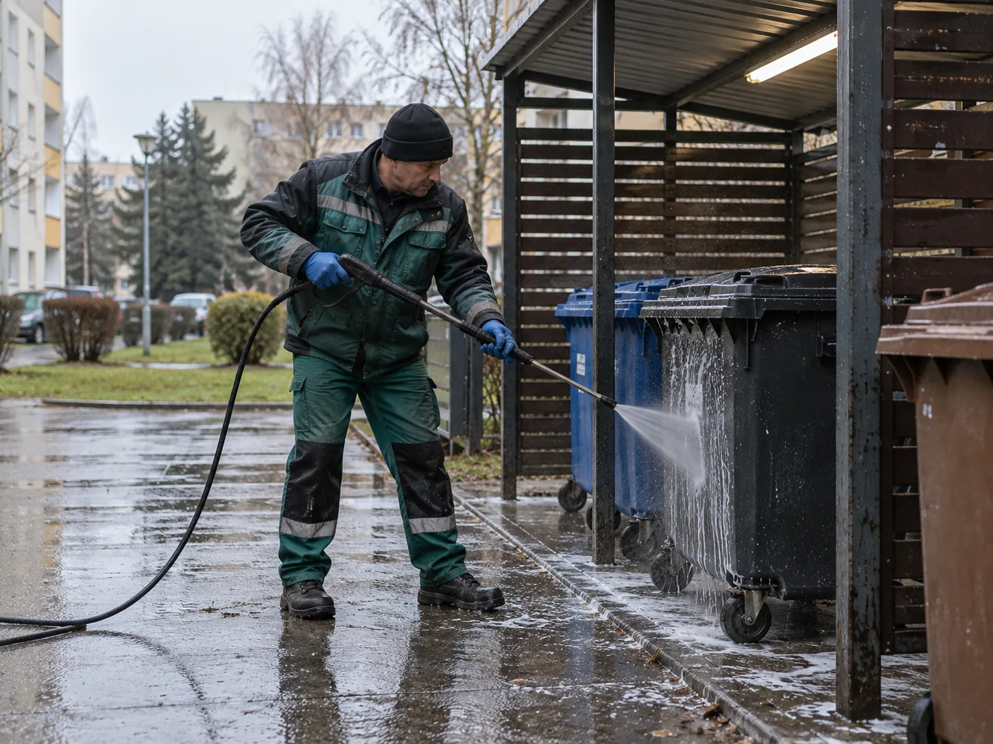 Pracownik myje pojemniki na odpady w altanie śmietnikowej