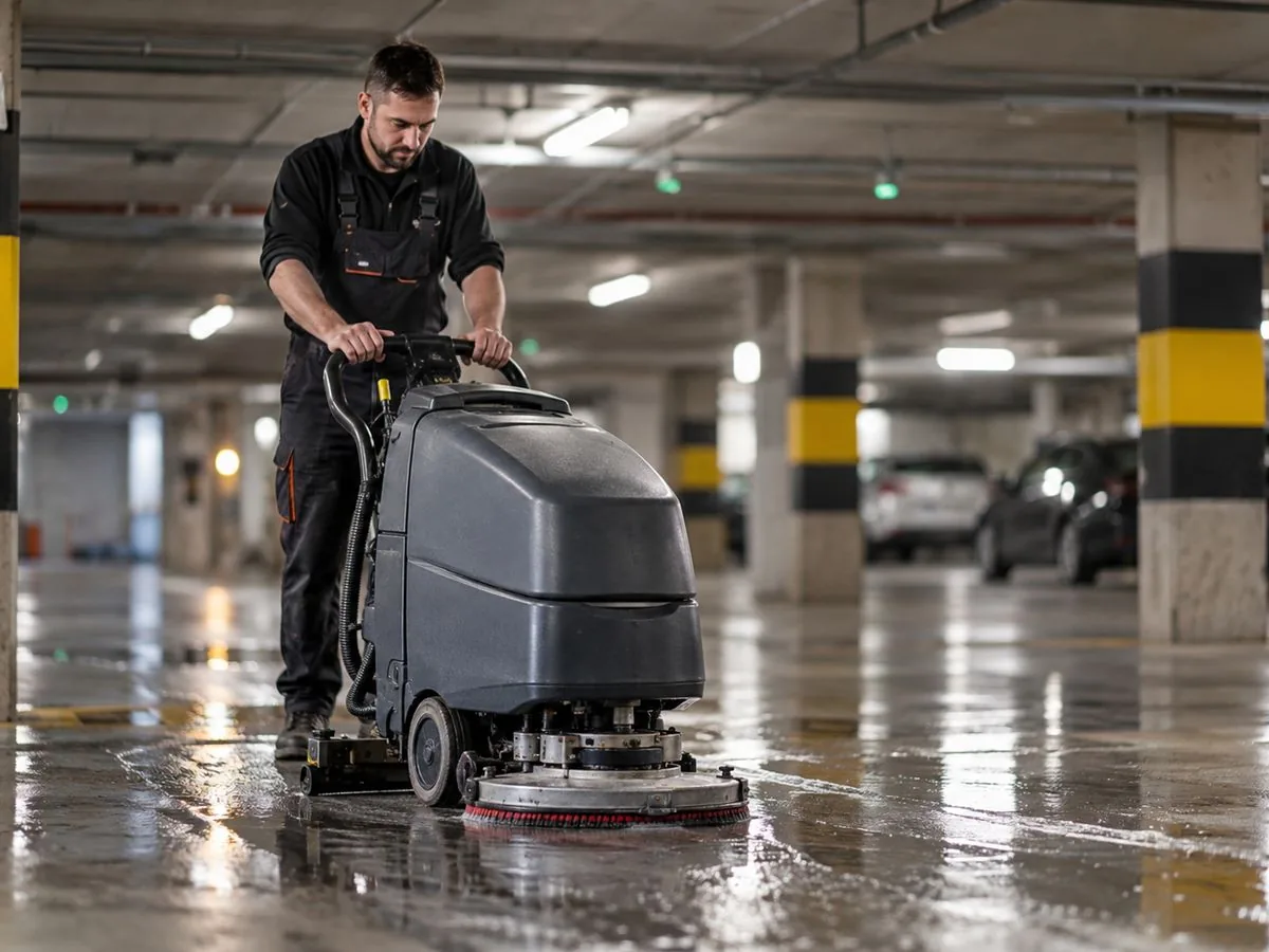 Pracownik myje posadzkę garażu podziemnego maszyną szorującą
