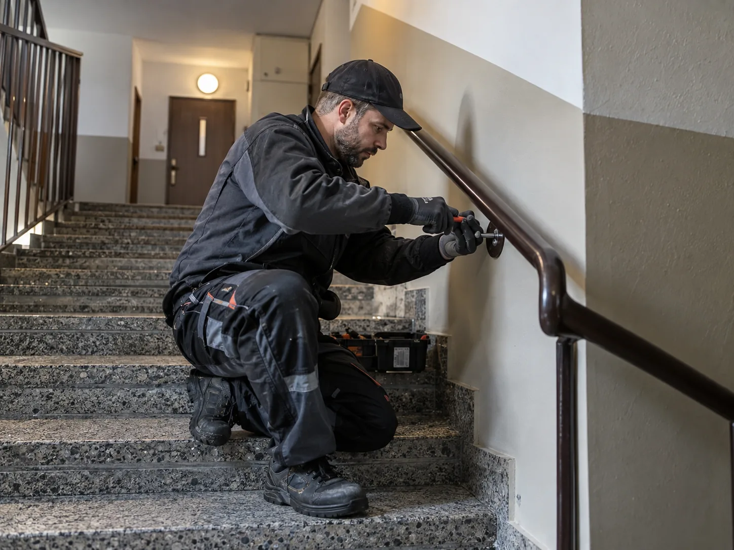 Technik pracuje przy poręczy schodów na klatce schodowej