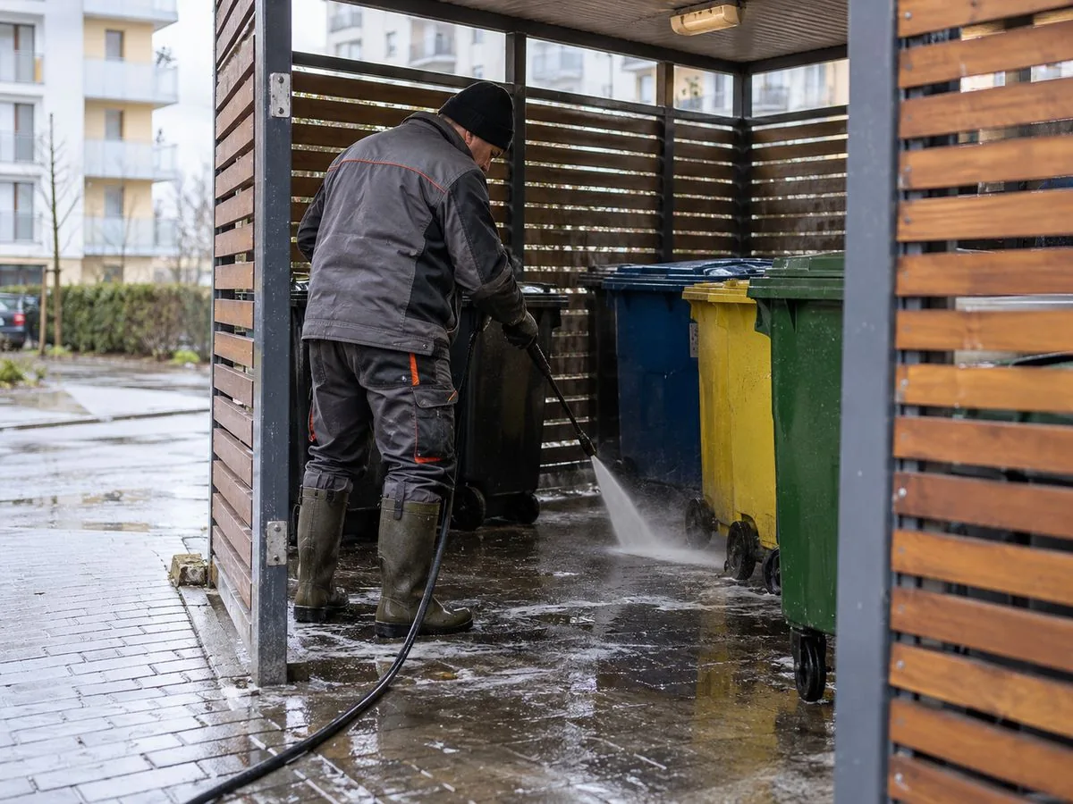 Pracownik myje posadzkę altany śmietnikowej przy pojemnikach na odpady