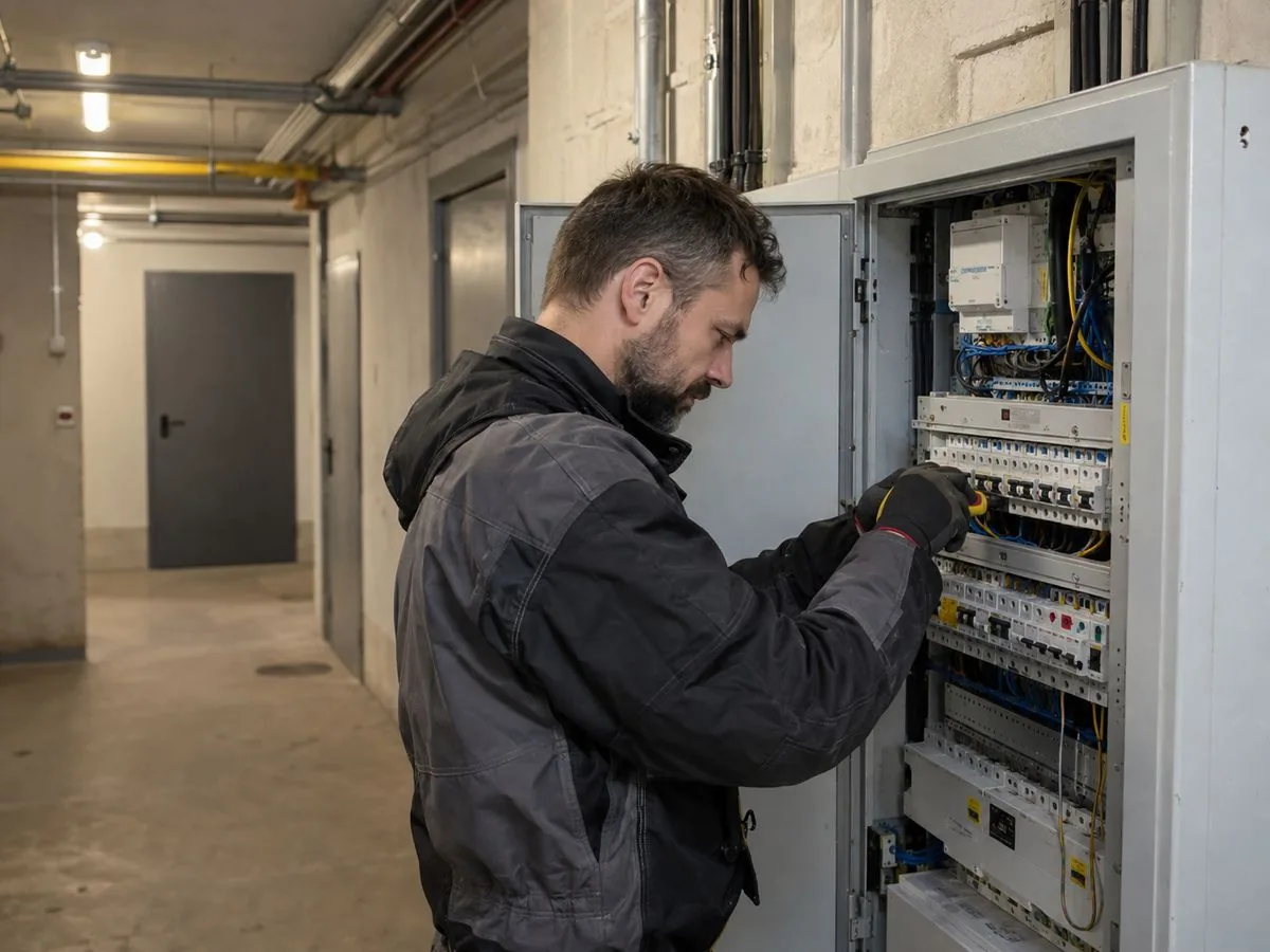 Technik pracuje przy rozdzielni elektrycznej na korytarzu