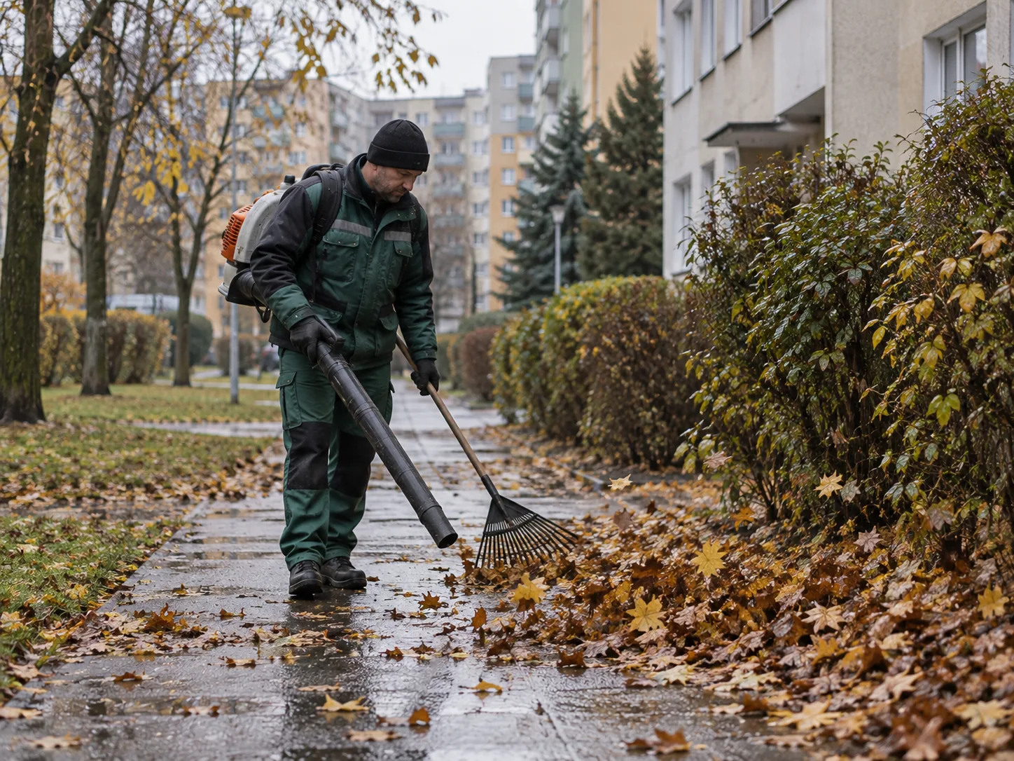 Pracownik usuwa liście z chodnika dmuchawą i grabiami