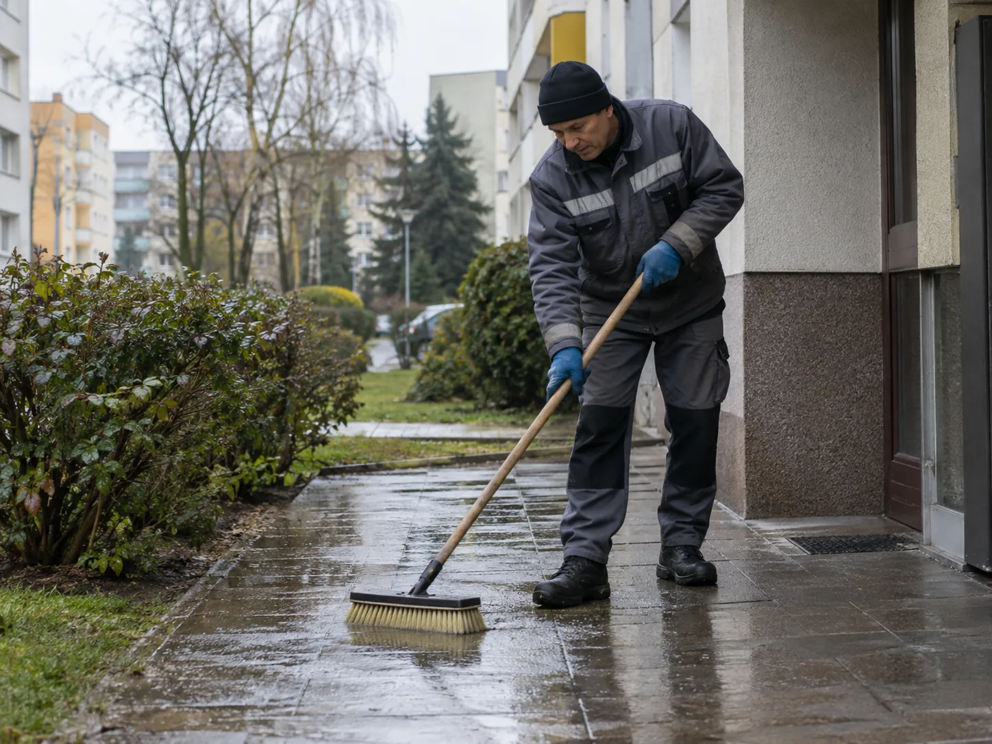 Pracownik szoruje szczotką mokry chodnik przy wejściu do budynku